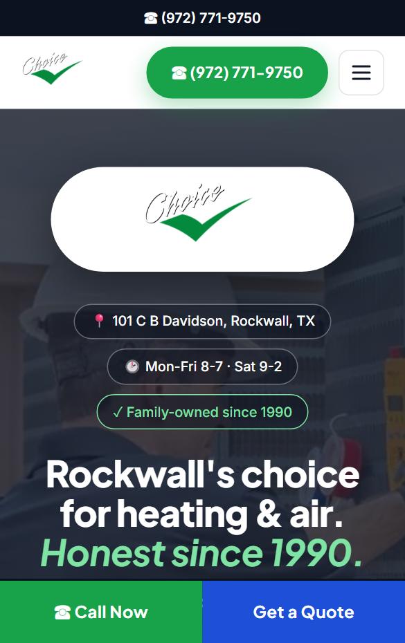 Choice Heating and Air homepage at phone width