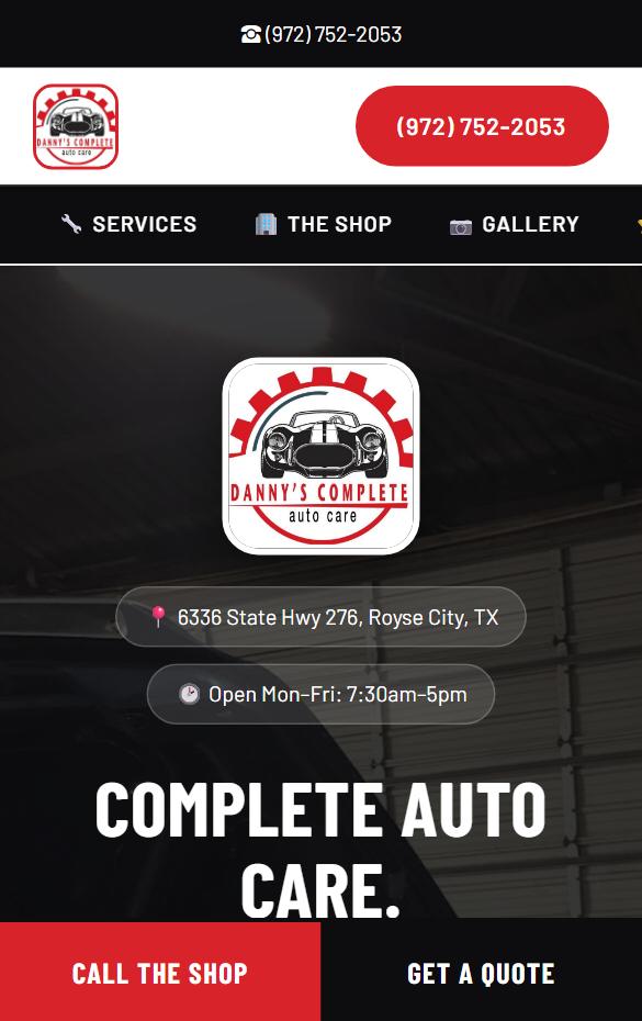 Danny's Complete Auto Care homepage at phone width