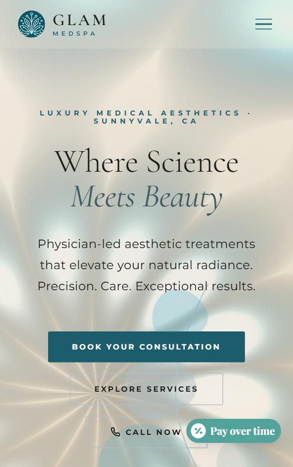 Glam Medspa homepage at phone width