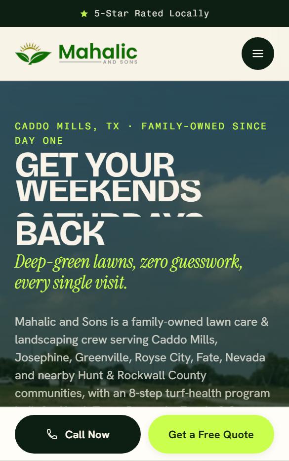 Mahalic and Sons homepage at phone width