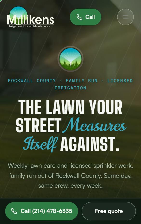 Milliken's Irrigation homepage at phone width