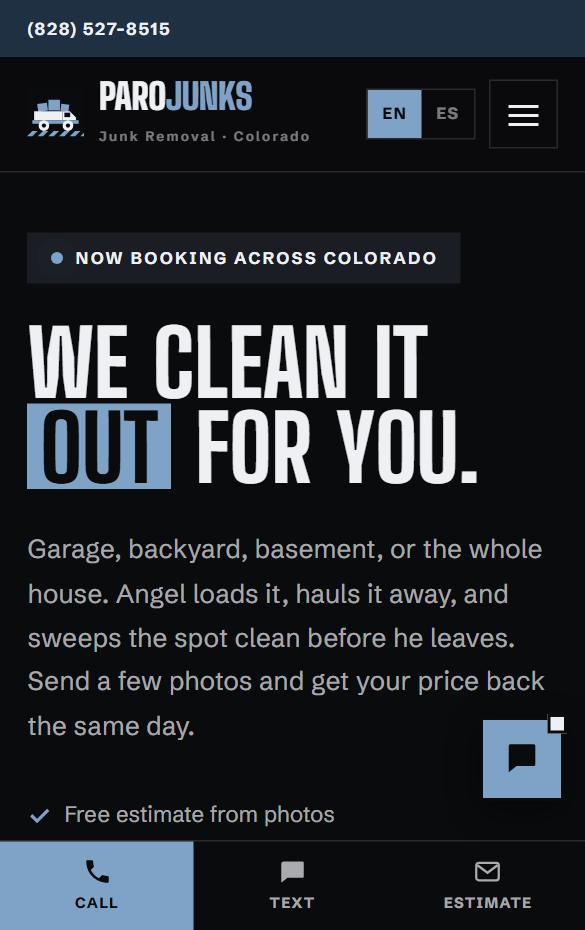 ParoJunks homepage at phone width