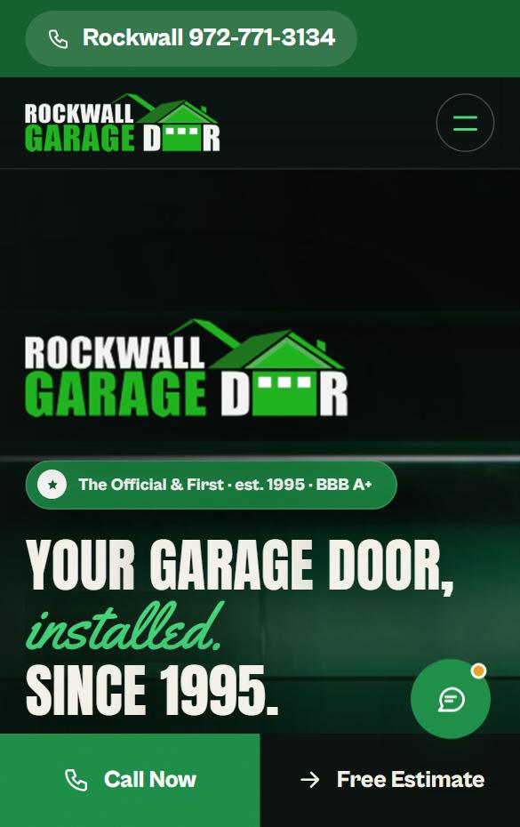 Rockwall Garage Door homepage at phone width