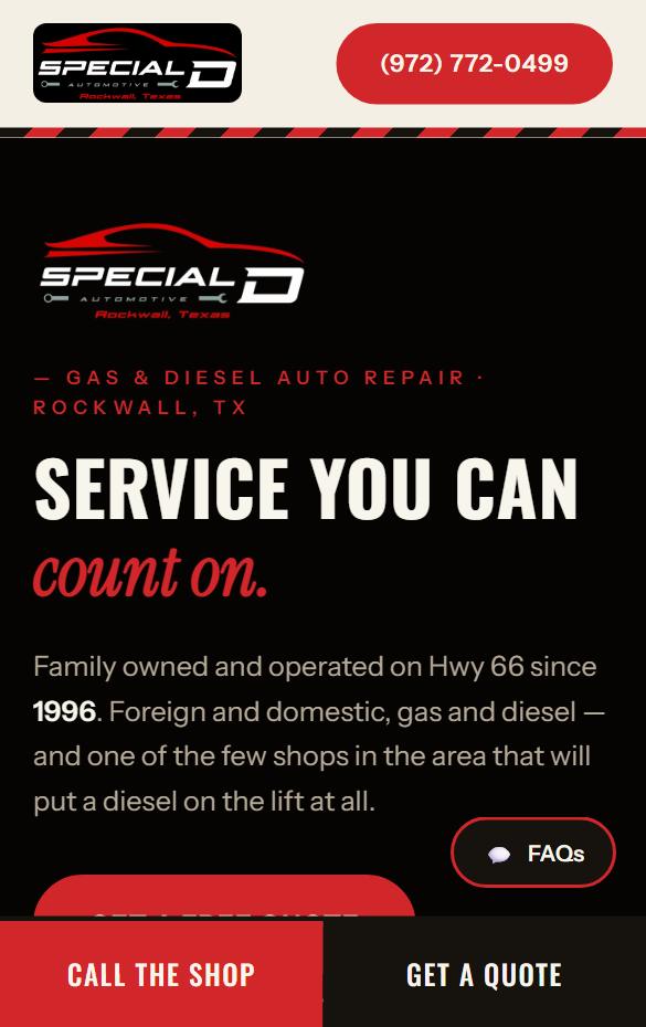 Special D Automotive homepage at phone width