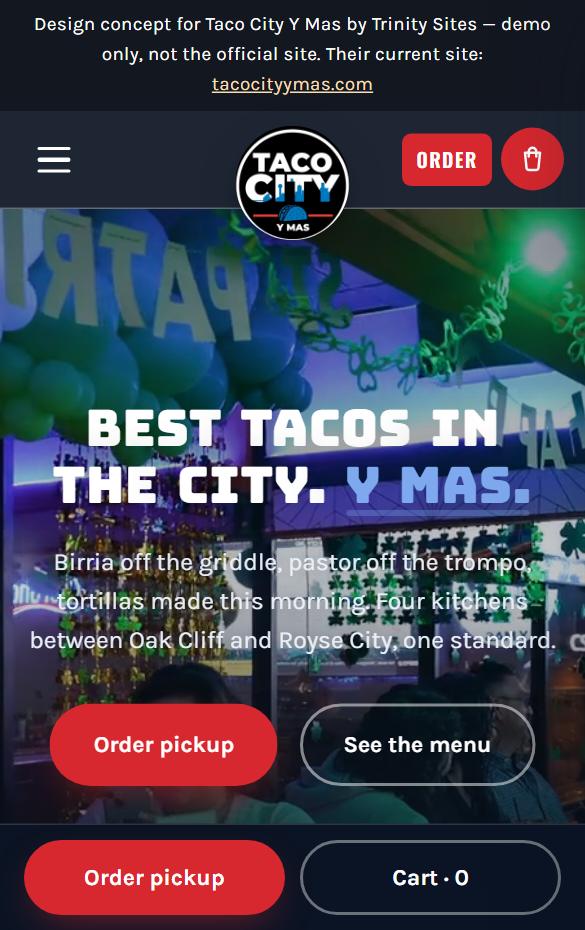Taco City Y Mas homepage at phone width