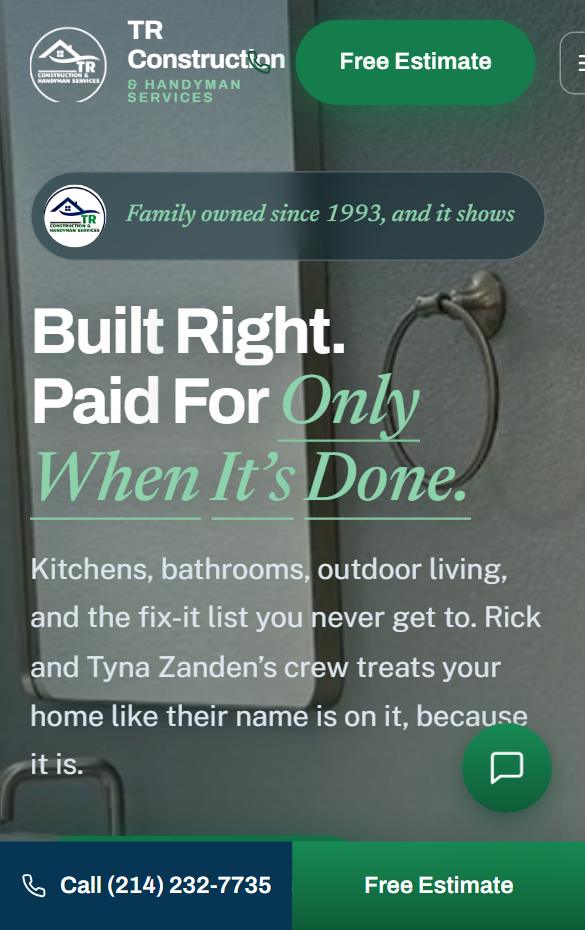 TR Construction homepage at phone width