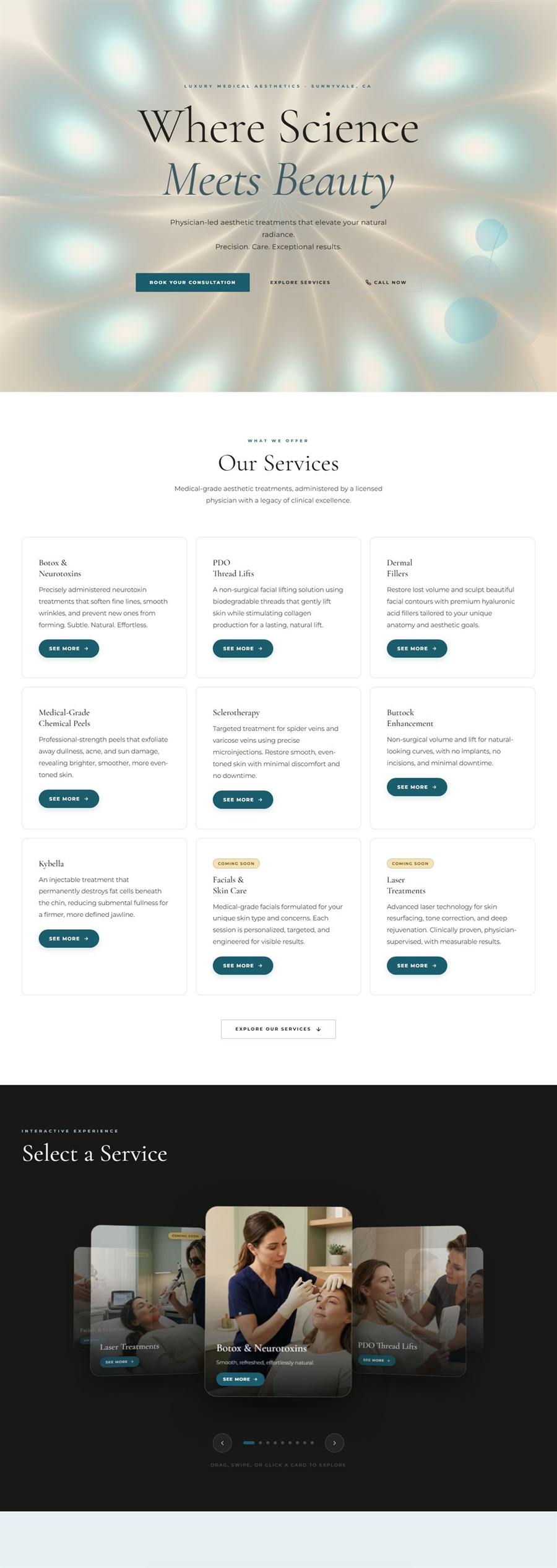 The full Glam Medspa homepage, from the pearl gradient hero down through treatments and booking.
