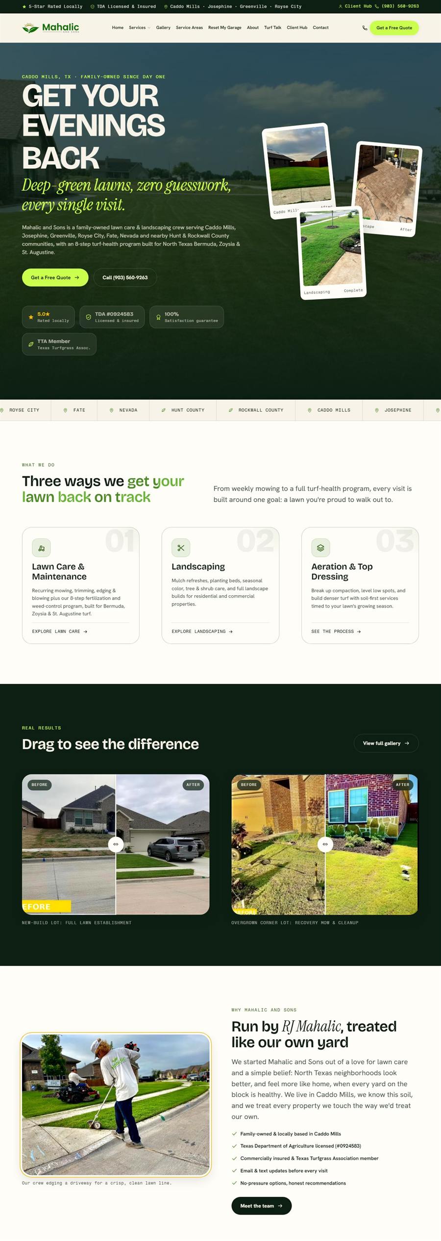 The full Mahalic and Sons homepage, from the hero over a mown lawn down through services and service areas.