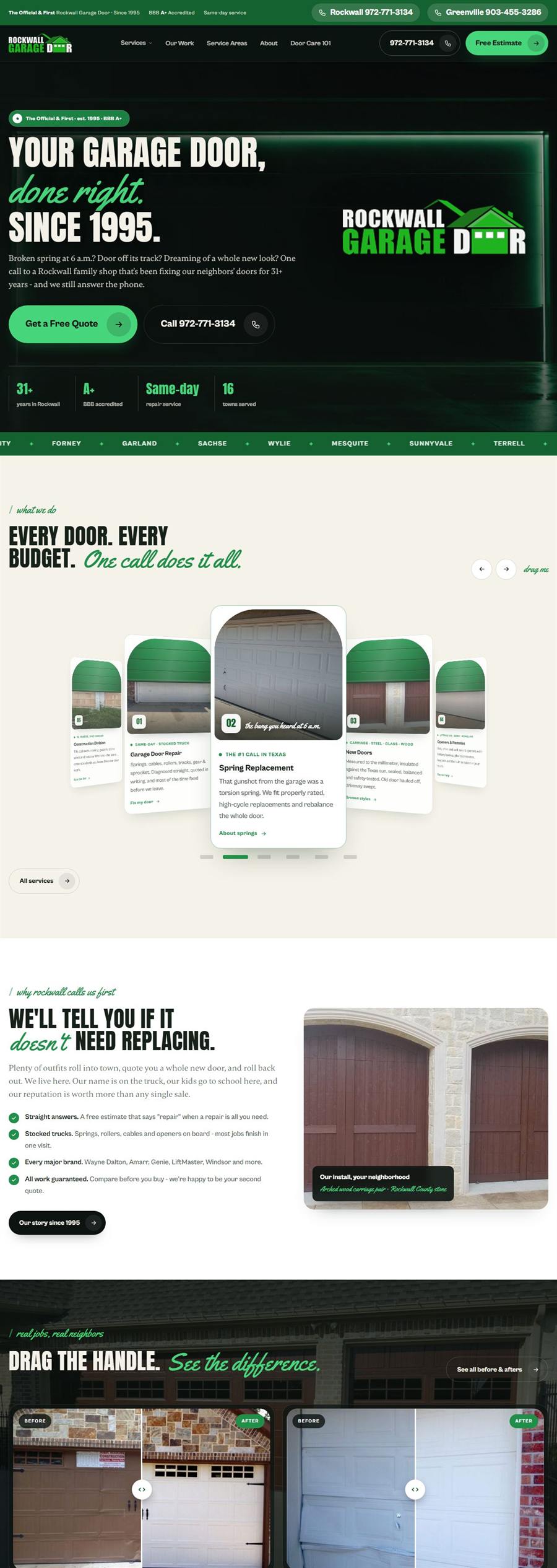 The full Rockwall Garage Door homepage, from the near-black hero down through the services carousel and before and after sliders.